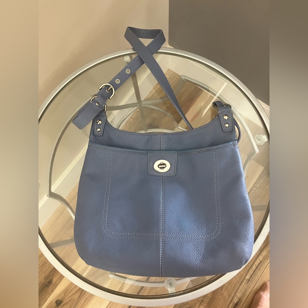 Coach Blue Pebbled Leather Shoulder Bag with Turn-Lock